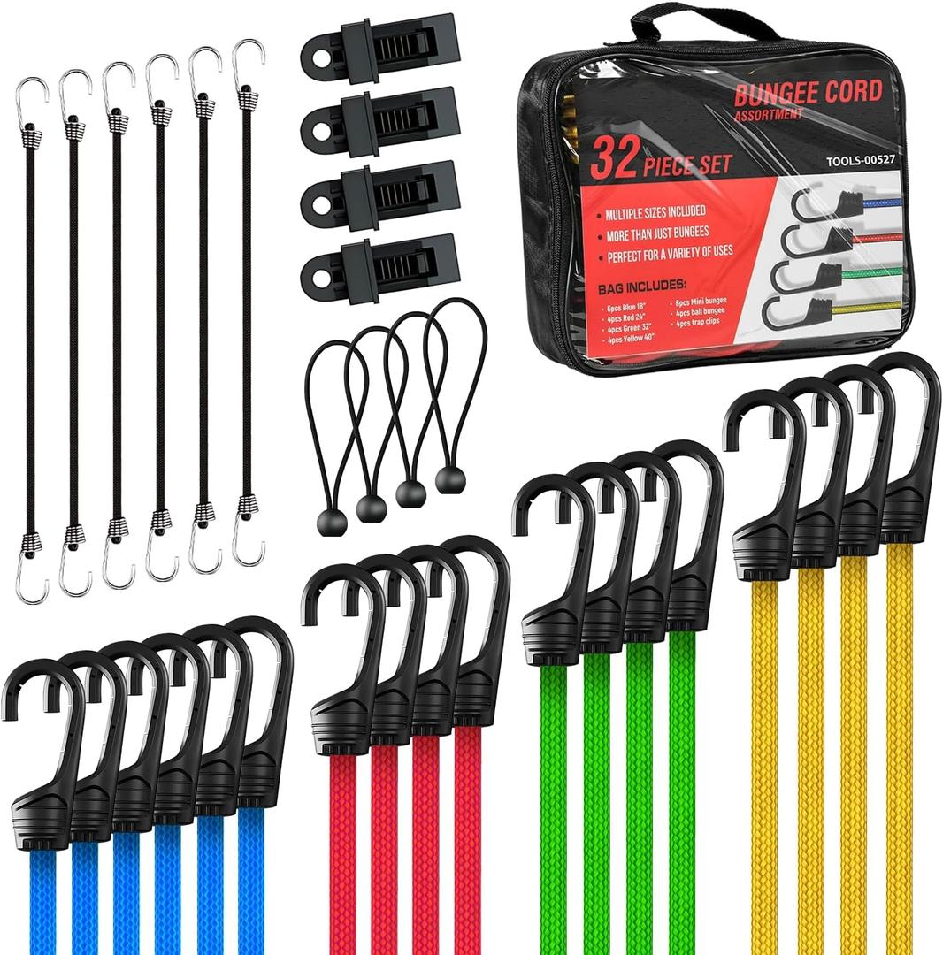 Auto Dynasty 32PCS Bungee Cords, Heavy Duty Outdoor Assorted Sizes in Organize Bag, 10" 18" 24" 32" 40" Cords with Hooks, 8" Bungee Balls, Tarp Clips