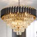 10-Light Large Crystal Chandelier 24" Dining Room Light Fixtures 5 Tiers Flush Mount Black and Gold Chandelier Round Large Chandeliers for Dining Room Living Room Kitchen Entryway Foyer (Clear)