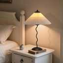 Pleated Table Lamp, S Tube Modern Table Lamp for Bedroom, Bedside Lamps with Organic Textured Linen Lampshade for Nightstand Bedroom Home Office Decor, Black