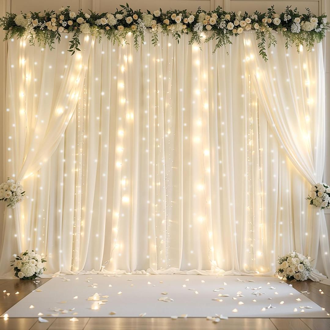 10ft x 10ft Ivory Chiffon Backdrop Curtain with Lights String for Parties,2 Panels Sheer Tulle Curtain Wedding Photo Backdrop with Lights for Baby Shower Birthday Party Ceremony Home Decorations