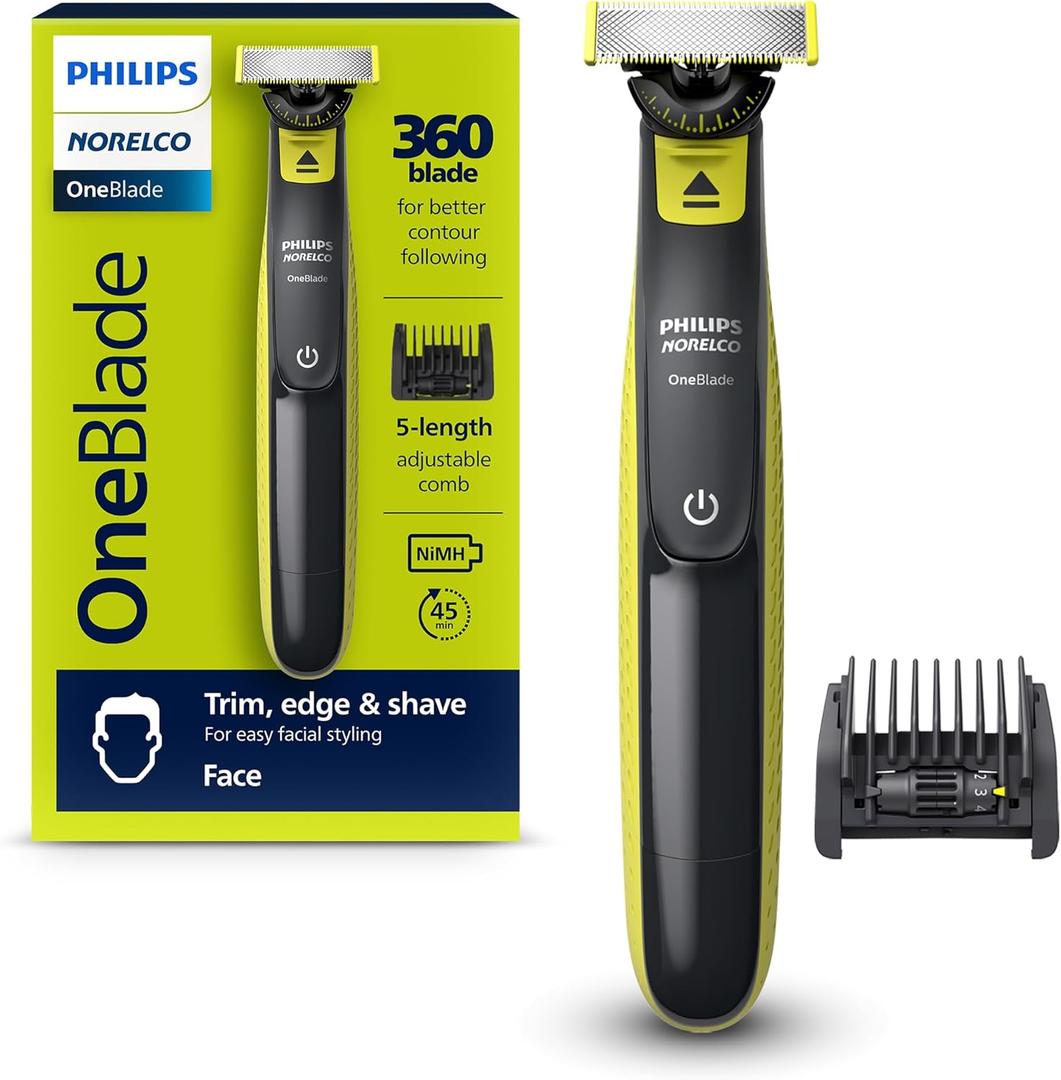 Philips Norelco OneBlade 360 Hybrid Face, Electric Beard Trimmer and Shaver, with 360 Blade Technology, 1x 360 Blade for Face, 5in1 Adjustable Comb, Model QP2724/90 (OneBlade 360 Face, Black & Lime Green)