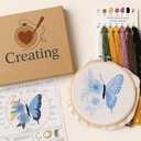 Butterfly Embroidery Kit, Complete DIY Needlework Set with Pattern, Hoop, Threads and Instructions- Home Wall Decortr Art Project
