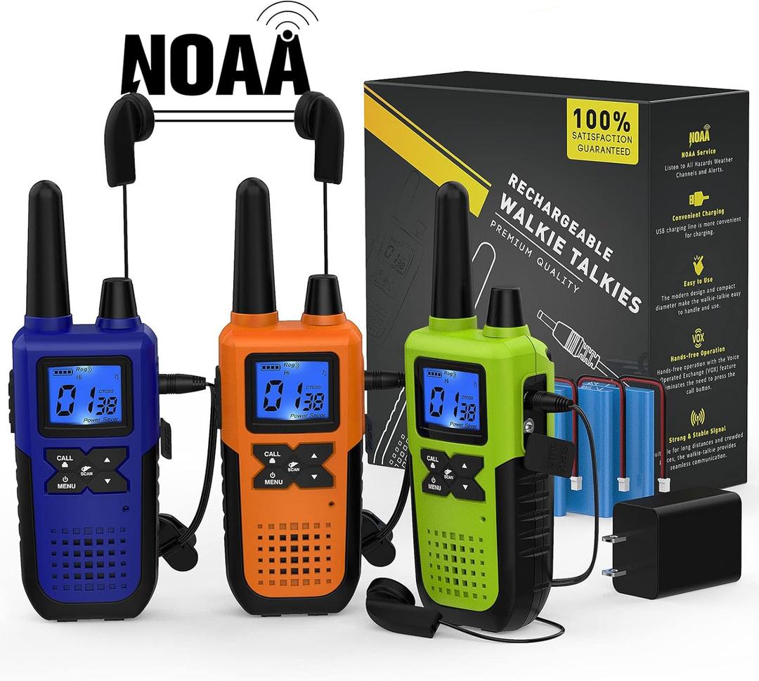 Walkie Talkies Long Range for Adults Rechargeable with Earpiece NOAA Weather Alert, Multi-purpose 2 Way Radio 3 Pack for Team Work Senior Care Kid Adventure Family Camping Hiking Skiing Cruise (Blue Green Orange)