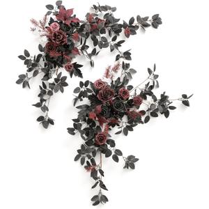 Ling's Moment 2PCS Black Arch Flowers Artificial Floral Swags Centerpieces Burgundy Wedding Rose Garland Greenery Arrangements for Sweetheart Table Decor Wall Window Garden Decor Maroon Gothic