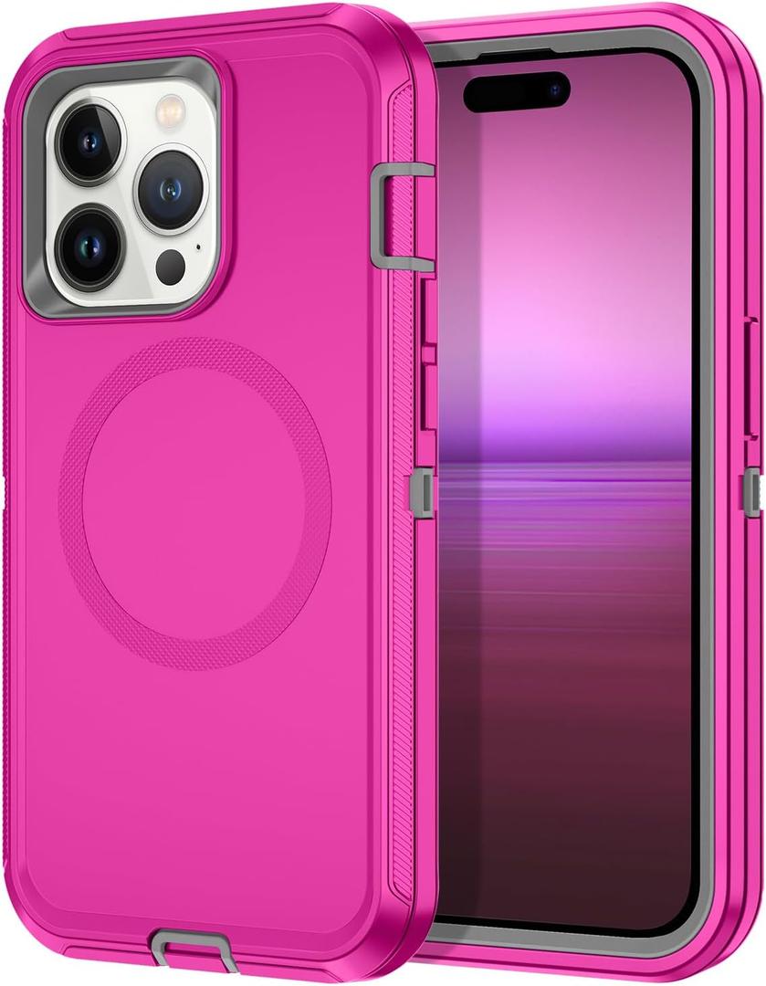 I-HONVA for iPhone 14 Pro Case [Compatible with MagSafe] Shockproof 3-Layer Full Body Protection Rugged Heavy Duty Cover Case for Apple iPhone 14 Pro 6.1",Rose Red/Grey