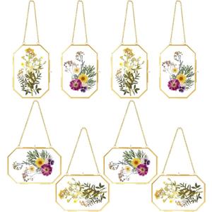 Spiareal 8 Pcs Octagon Glass Pressed Flower Frame 4 x 6 Inch Double Clear Hanging Floating Frame with Chain Gold Geometric Herbarium Glass wall Picture for Dried Flower Plants Home DIY Wall Decor