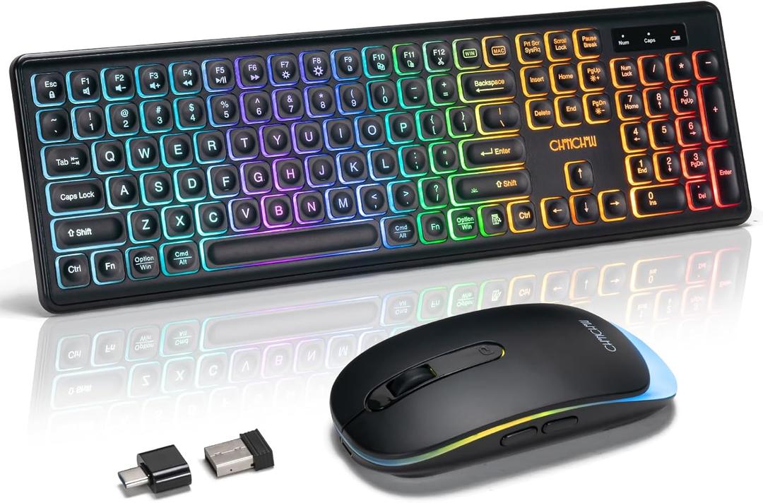 Wireless Keyboard and Mouse Combo, Rechargeable Rainbow LED Light Up Keyboard and Mouse 2.4GHz Quiet Mouse and Keyboard for Mac, Windows, Laptop, PC Xbox PS4 PS5 (Office/Gaming) (Wireless)