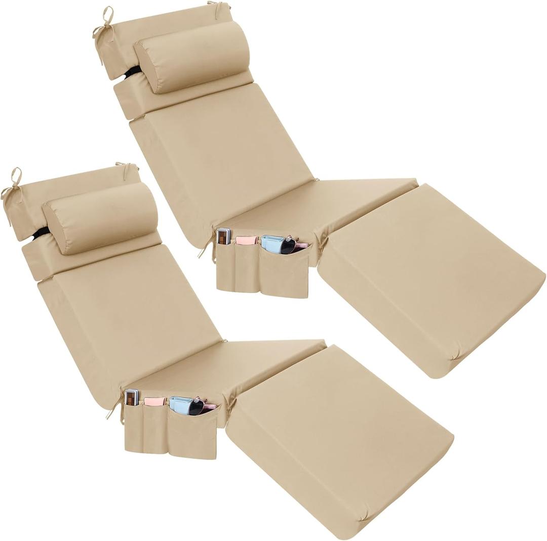 Wenqik 2 Pcs Outdoor Chaise Lounge Cushion with Pillow and Side Pocket Waterproof Lounge Chair Cushions with Pocket on Back 72 x 21 x 4 Inch Patio Replacement Pad for Pool Furniture (Beige)