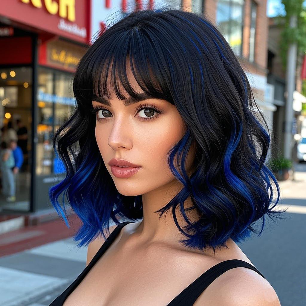 Short Black Blue Bob Wig with Bangs for Women Natural Looking Heat Resistant Synthetic Fiber Wavy Bob Wigs for Daily Party Cosplay Use14 Inch