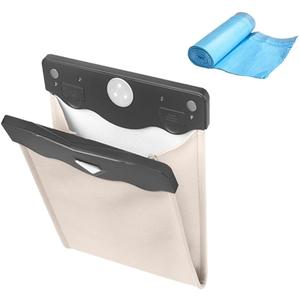 Car Trash Bag, Waterproof PU Leather with Magnet Closure Design and LED Light, Auto Rubbish Container for Back Seat, Multipurpose Hanging Garbage Can with 30 Disposable Trash Bags (Beige)