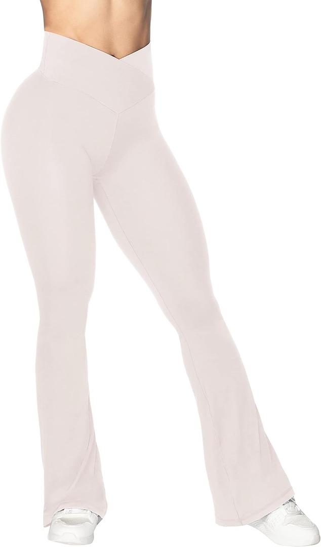 Sunzel Flare Leggings, Crossover Yoga Pants with Tummy Control, High-Waisted and Wide Leg (30in Inseam, Medium, Beige)