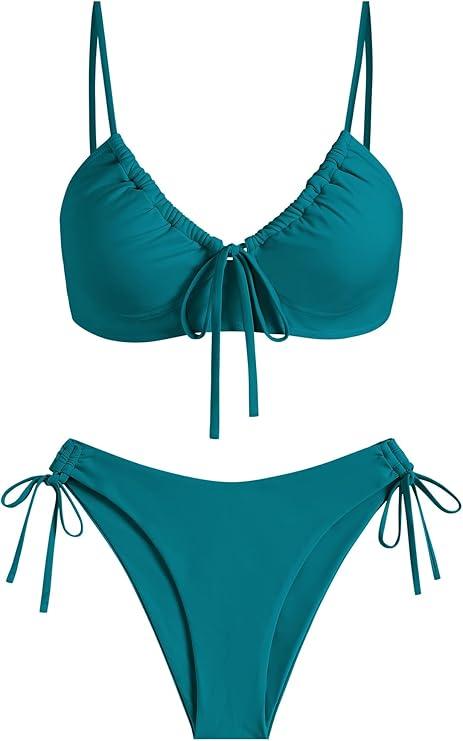 ZAFUL Women's 2 Piece Tie Front Bikini Set Swimsuit Lace Up Back Cheeky Bathing Suit (Large)