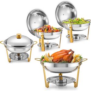 WILPREP Chafing Dishes for Buffet, 4 Pack 5 qt Round Chafing Dish Set with Foldable Frames & Lid Holders, Food Grade Stainless Steel Food Warmers for Parties Buffets Banquets Events, Gold & Silver