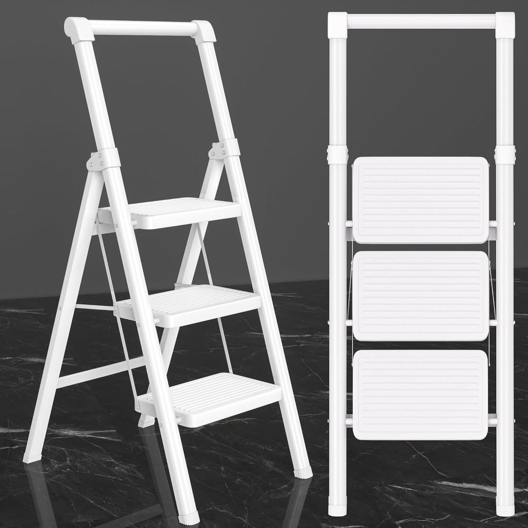 3 Step Ladder with Handle, Foldable Step Stool for Adults - Extra Wide Non-Slip Pedal, Sturdy Reinforced Construction & Rubber Feet, for Home and Kitchen Use, White