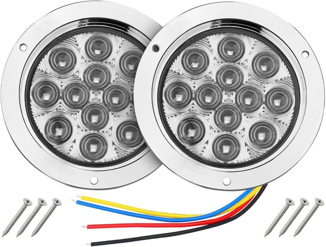 TMH 2 Pack of 4 Inch Round Clear Lens Red LED Flashing Strobe Trailer Tail Lights, 12 LED with Chrome Housing, Strobe Solid Flash Patterns 12V for Truck, Bus, RV, Tow Vehicles (2 Pcs)