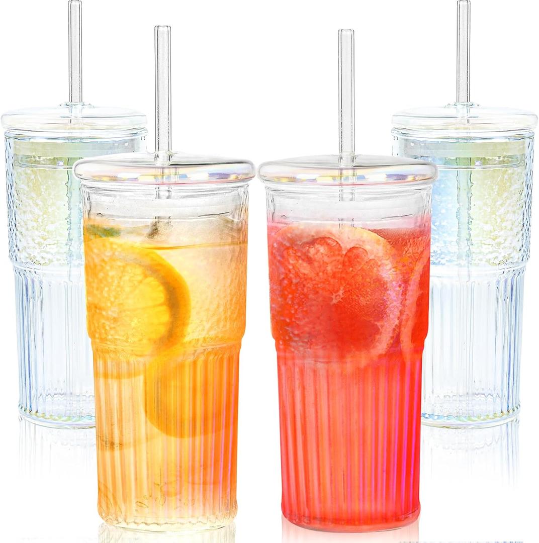 20oz Glass Tumbler with Straw and Lid Iced Coffee Glasses with Glass Straw Vintage Drinking Glasses Set of 4 for Juice Soda Smoothie(Rainbow*4)
