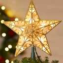 Christmas Star Tree Topper, 9.5 in Plug in Golden Glittered 3D Star Tree Topper, Metal Hollow Designed Built-in 10 Bulbs String Lights for Indoor Office Christmas New Year Holiday Tree Decoration