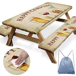Britown Picnic Table Cover with Bench Covers Elastic Edges, Vintage Camper Fitted Table Cover, Outdoor Camping Essentials 72 Inch 3PCS, Waterproof Camping Fitted Tablecloth with Drawstring Bag