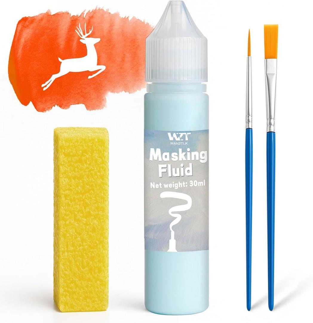 2 x Masking Fluid for Watercolor Painting, 30ml Watercolor Masking Fluid with 2 Brushes & Eraser, Fine Arts & Crafts Supplies for Ink, Watercolor, Gouache Painting