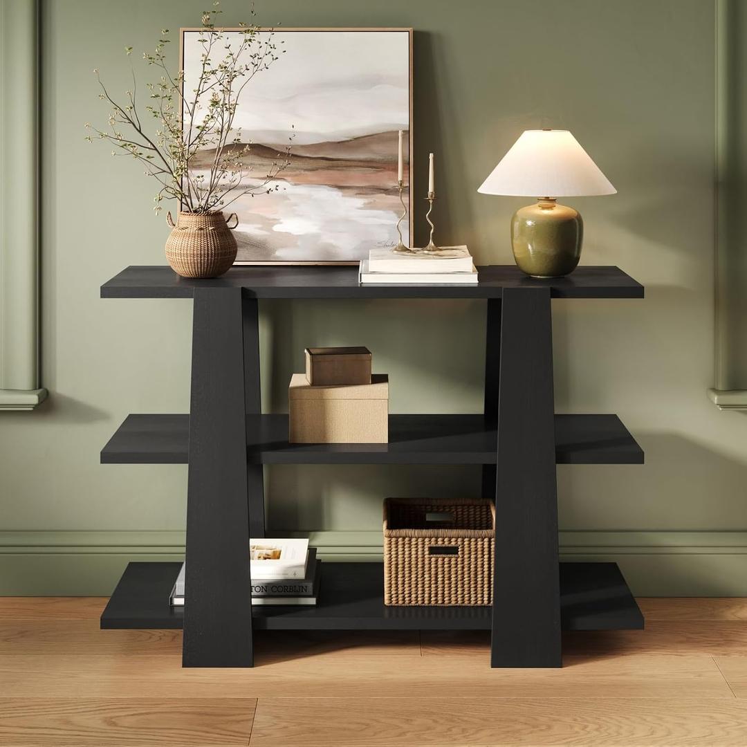 3 Tier Wood Console Table, Narrow Entryway with Storage, Minimalist Modern Console for Living Room or Hallway, Easy to Assemble 46 Table with 15 Shelves, Black