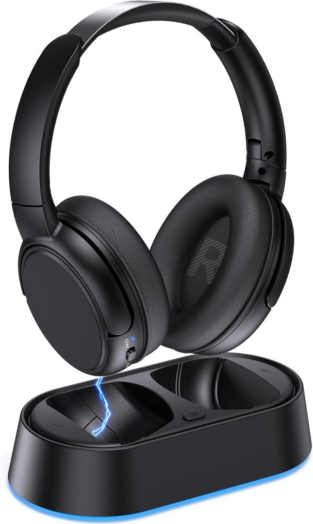 Wireless Headphones for TV Watching, TV Headphones with Transmitter Charging Base, Bluetooth V5.3, No Lip-Sync Delay, Clear Voice, Plug & Play, Comfortable, Gifts for Elderly/Seniors (Black)