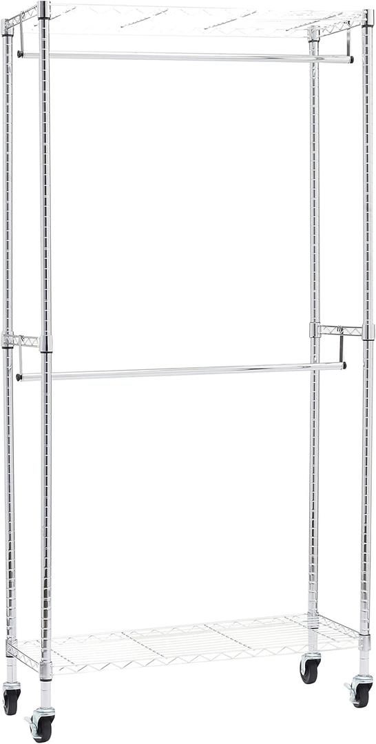 Amazon Basics Adjustable Clothes Rack for Handing, Double Hanging Rod Garment Rolling Closet Clothing Organizer, Chrome, 36'' x 14'' x 72''
