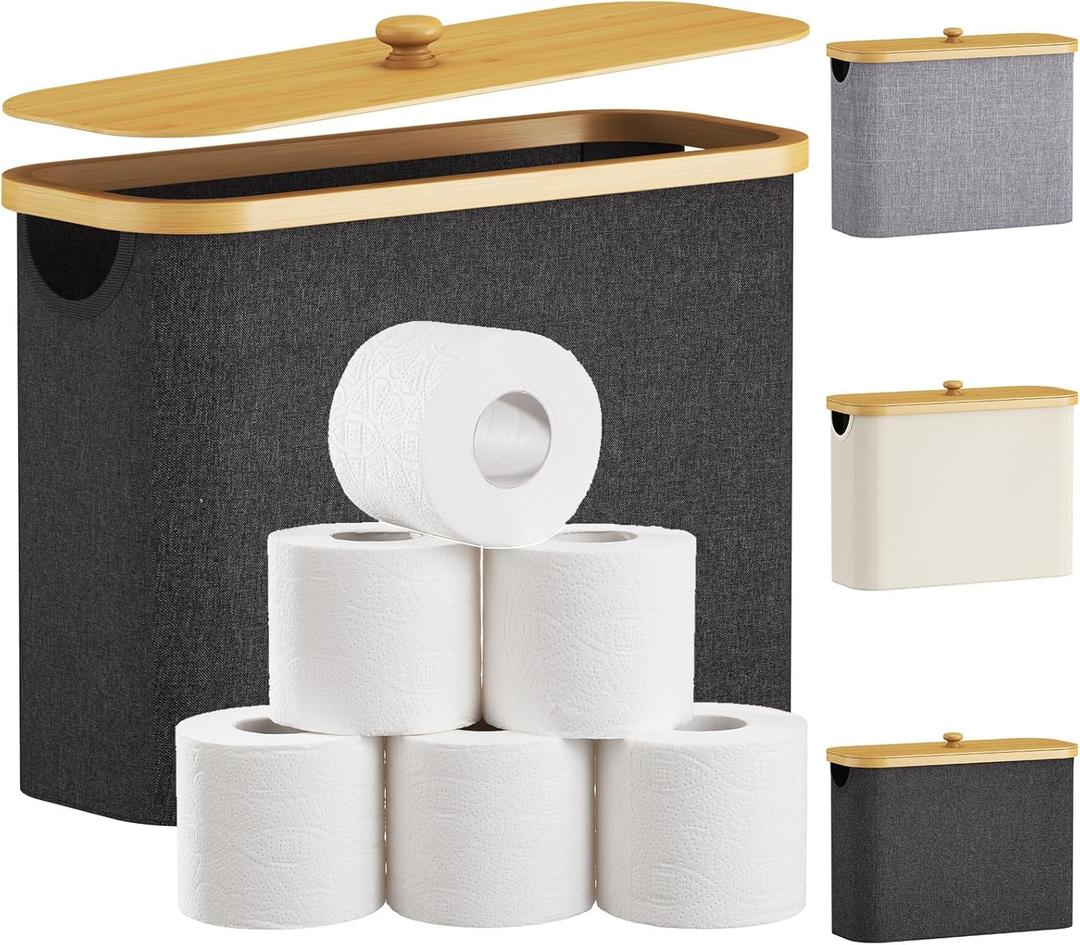 Lifewit Toilet Paper Storage Basket with Bamboo Lid, Holds 9 to 12 Rolls, Free Standing Toilet Paper Holder Stand, Bathroom Organizer Box Container Cabinet Bin, Medium, 1 Pack, Drak Gray (23L)