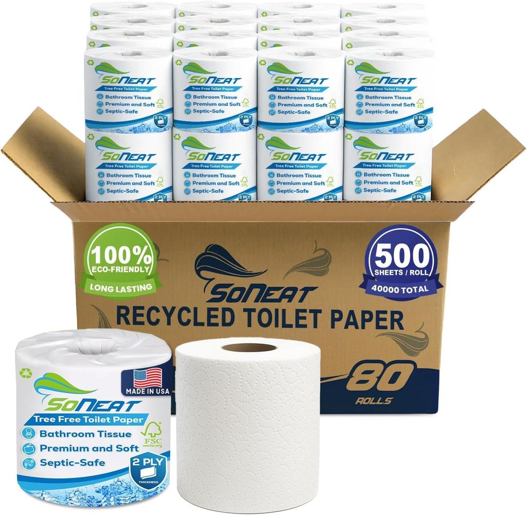 2-Ply Toilet Paper Bulk | Septic safe toilet paper | 40,000 Soft Sheets | 80 Rolls x 500 Sheets Each | Recycled Fiber & Strong Bath Tissue Mega Pack for Home & Commercial Use