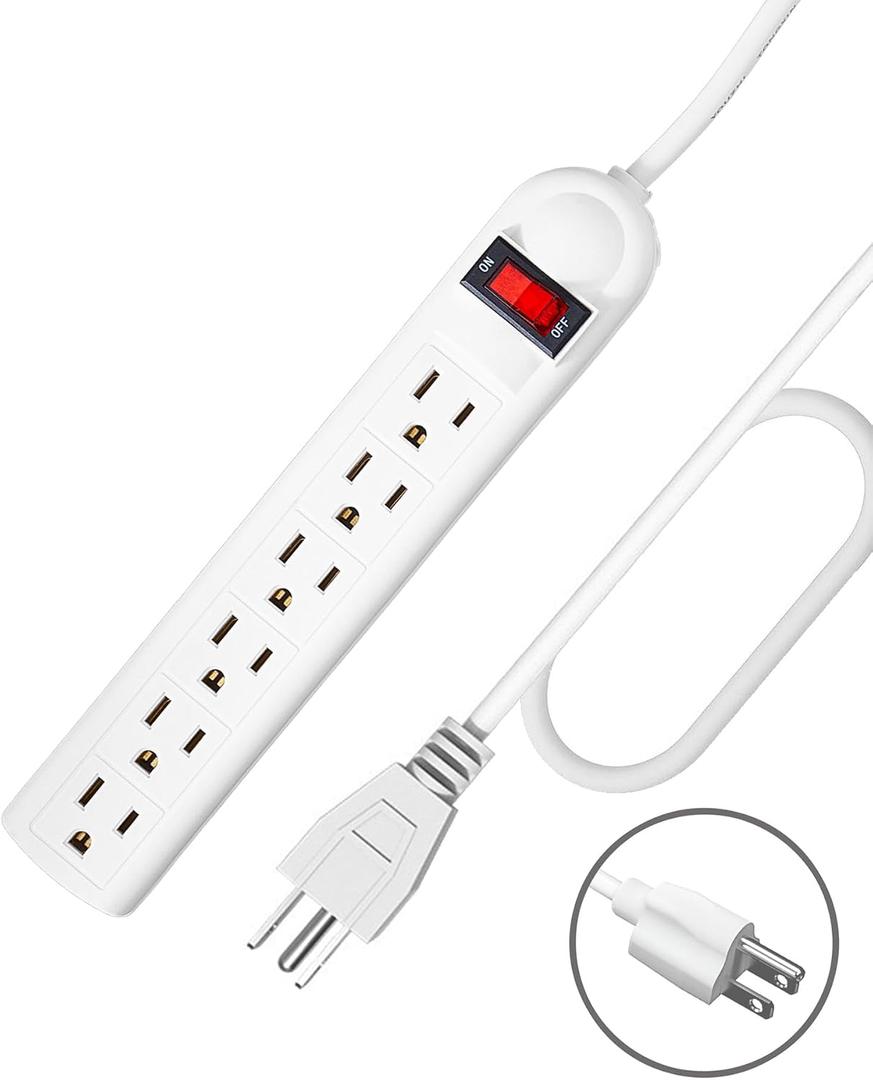 Extension Cord 6 ft - Long Power Strip Surge Protector, 6 AC Outlet Flat Plug, Wall Mount, Multi Plug Outlet Extender Desk Charging Station for Computer Home Office Dorm Room Essentials (White)