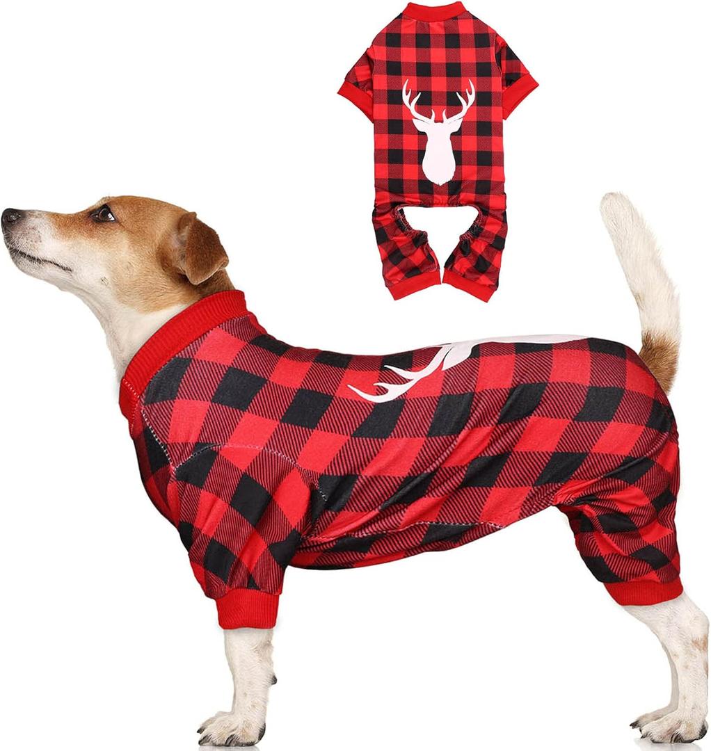 Dog Christmas Pajamas Buffalo Plaid with Reindeer Print Pet Onesie Pet Pjs Super Soft and Stretchy Dog Pajamas Large Sized Dogs(L)