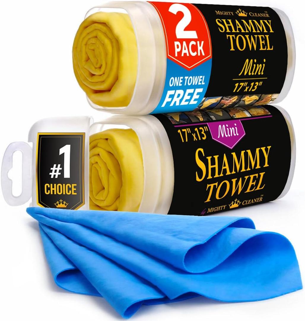 Premium 2pk Mini +1 Free Shammy Cloth for Car Drying - 17x13 - Super Absorbent Chamois Towel for Car - Scratch-Free, Reusable & Soft Cleaning Towel (Yellow, Blue)