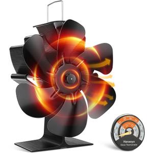 Wood Stove Fan, 6 Blades Wood Stove Fan Heat Powered, Fireplace Fan with Magnetic Thermometer, Wood Stove Accessories, Non Electric Fan for Wood/Log Burner Stove (Medium)