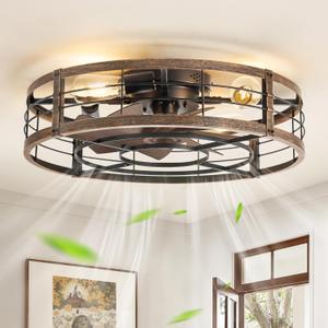 LEDIARY 23" Caged Ceiling Fan with Light and Remote, Low Profile Flush Mount Fandelier, Black Gold Bladeless Enclosed Small Fan Lights Ceiling Fixtures, Rustic Farmhouse Style for Bedroom, Outdoor