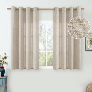 Tan Short Curtains 45 Inch Length for Small Window 2 Panels, Linen Curtains for Bedroom Light Filtering Thick Burlap Grommet Drapes Farmhouse Basement, 52 Inch Wide, Natural