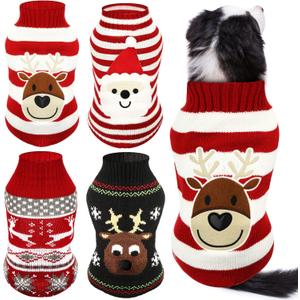 Frienda 4 Pieces Christmas Dog Sweaters Halloween Puppy Holiday Sweaters Santa Reindeer Snowman Snowflake Pumpkin Pet Clothes for Xmas Dog Cat Costume(Medium,Cute Pattern)