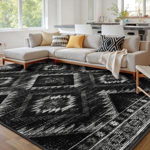 Area Rug 9x12 Rug Machine Washable Non-Slip Low Pile Print Pattern Western Rug for Living Room Bedroom Entryway Tribal Series - Black