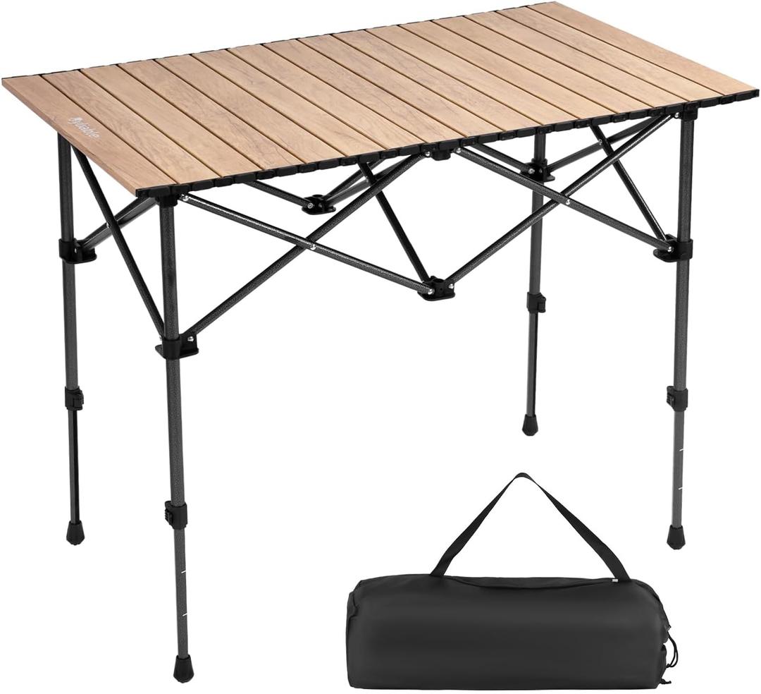 Byliable Camping Table Folding Portable Camp Aluminum Fold Up Lightweight Roll Up Table Adjustable Height with Carry Bag Indoor Outdoor for Camping, Picnic, Backyard, BBQ, Patio, Wood Grain