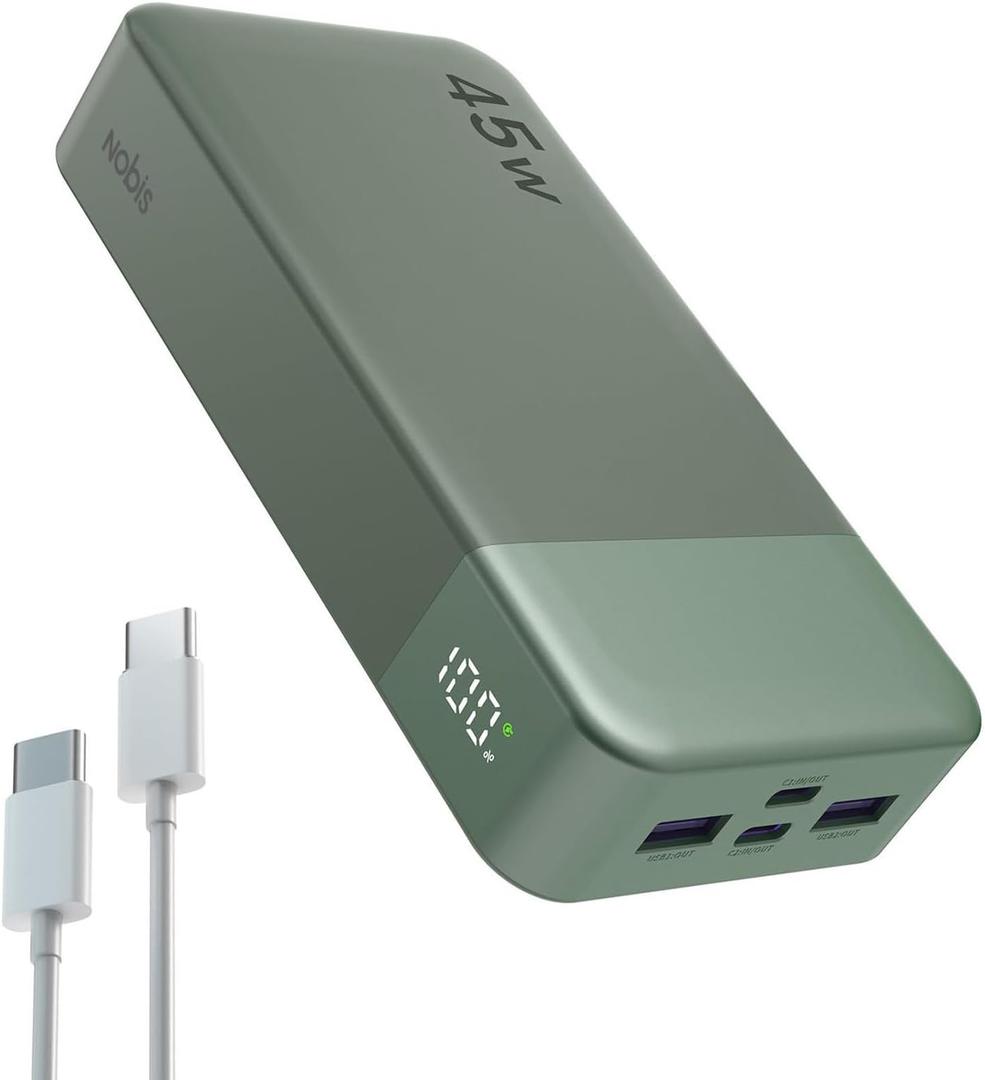 NOBIS Portable Charger, 20000mAh Power Bank, 45W Power Bank Fast Charging, Battery Pack with C to C Cable, Battery Bank with Digital Display for iPhone Android Laptop (Green)