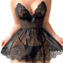 SOLY HUX Women's 4 Piece Lingerie Lace Sheer Babydoll Mini Dress Garter Chemise Sleepwear with Leg Ring (Black, XL)