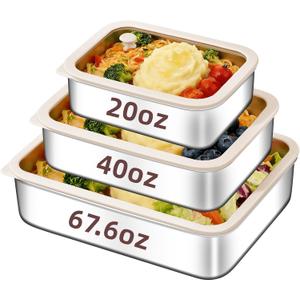 3-Piece Extra Thick 304 Stainless Steel Food Storage Containers with Non-Stick Bottom, Airtight Glass Lids & Silicone Seal, Stackable Kitchen Organization Boxes for Food Preservation