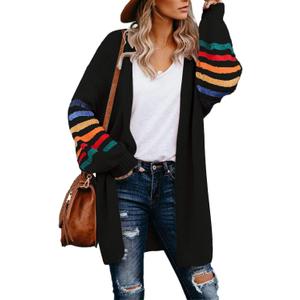 Dokotoo Women's Long Open Front Cardigans Striped Color Block Loose Knit Sweaters Outwear Coat (Large)