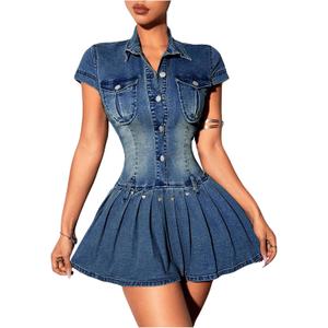 Women's Pleated Short Sleeve Bodycon Dress Collar Neck Y2K Button Denim Mini Dresses Blue Large