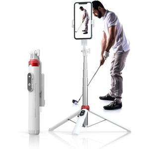 62" Phone Tripod & Selfie Stick for Golf Training, Extendable Cell Phone Tripod Stand with Wireless Remote and iPhone Holder, Golf Training Aid - Compatible with iPhone Android (White)