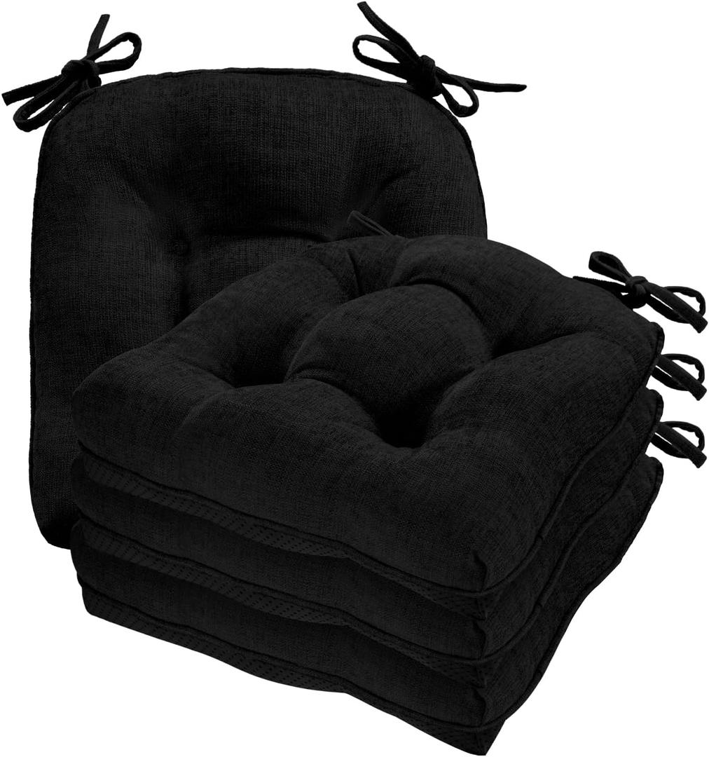 Cozyide Chair Cushions for Dining Chairs, 17" x 17" Non-Slip Kitchen Chair Pads with Adjustable Ties, Indoor Chair Cushions for Dining Room, Black (Pack of 4)