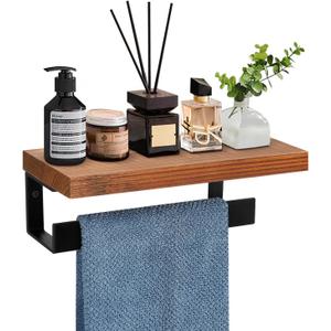 Hand Towel Holder/Towel Ring with Wooden Shelf, Hand Towel Rack, Hand Towel Hanger for Bathroom, Bath Accessories Wall Mounted (Matte Black, 9 Inch-Metal)