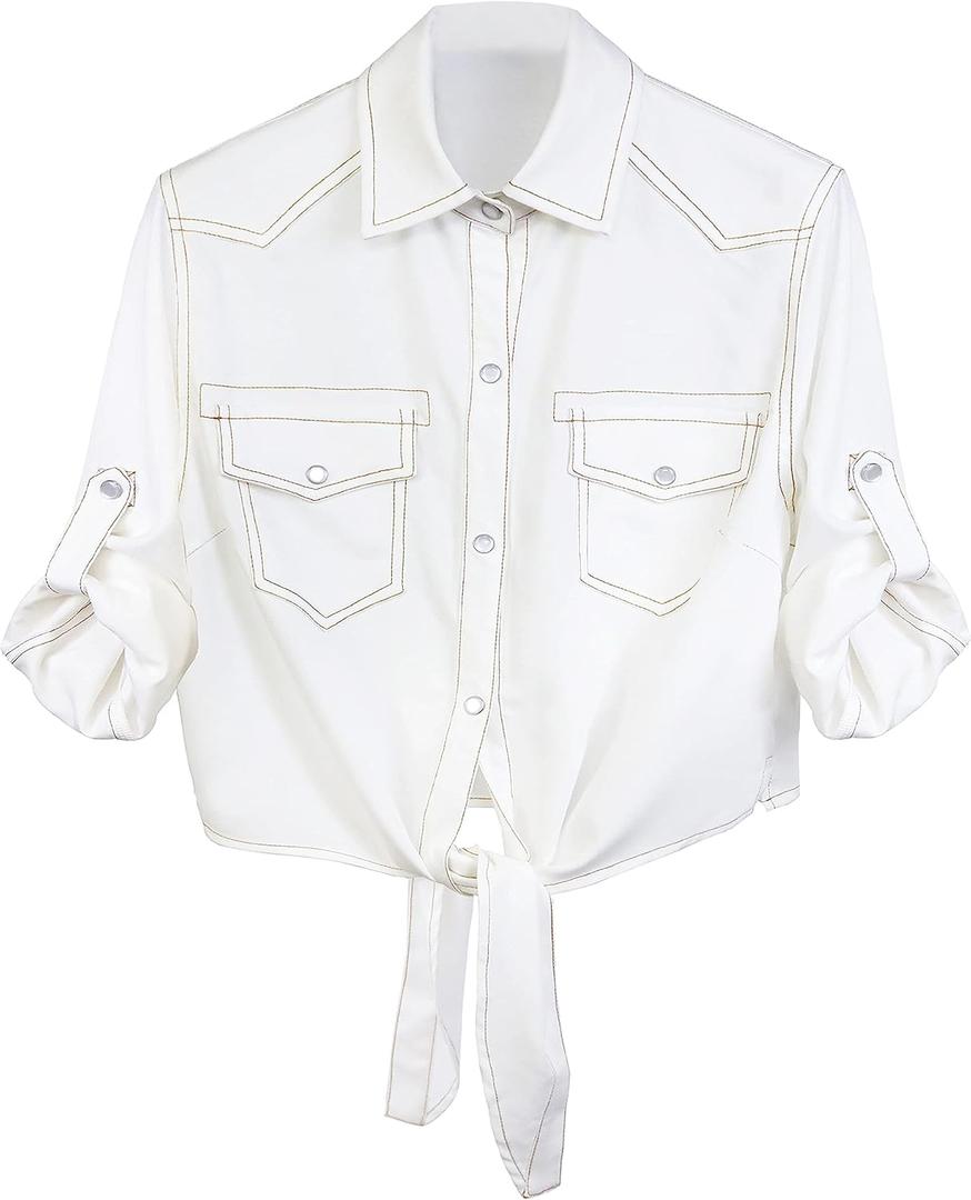 SeekMe Womens Denim Shirts Tie Front Crop Top Button Down Chambray Jean Shirts (Size X-Large, White)