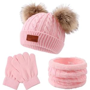 Yuoahcn Kids Winter Beanie Hat Scarf Gloves Set Knit Warm Toddler Winter Cap Gloves Neck Warmer for Boys Girls 1-8 Year (Light Pink)