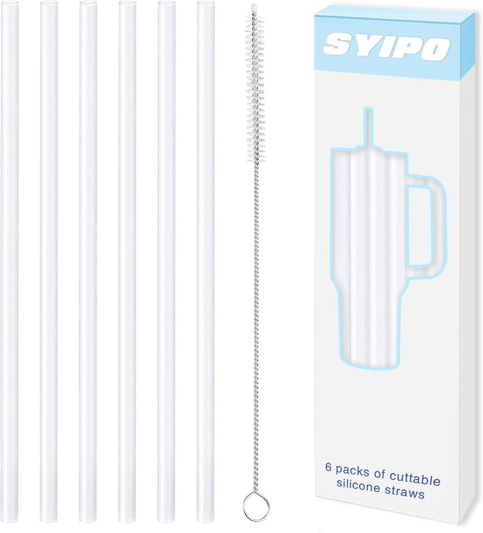 Replacement Silicone Straws for Stanley 40 oz Adventure Tumbler, 6 Pack Reusable Food Grade Silicone Straws with Cleaning Brush, Can be Cut Off  for Stanley Cup 40 oz Water Jug Accessories, 12" Long (Transparent)