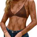 MEROKEETY Womens Mesh Sheer Lace Long Sleeve Tops 2026 See Through Mock Neck Shirt Fashion Blouses Date Night Outfit Clothes (Brown, S)
