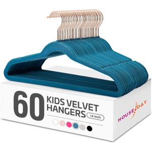 HOUSE DAY Velvet Kids Hangers 60 Pack, Premium Childrens Hangers for Closet, Ultra Thin Cute Clothes Hanger, Non Slip Small Felt Hanger 14 Inch for Kids Clothes, Light Blue